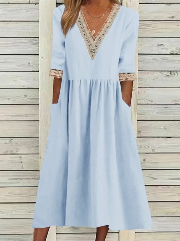 Women Elegant V-neck Fashion Half Sleeve Cotton Linen Casual Loose Midi Dress