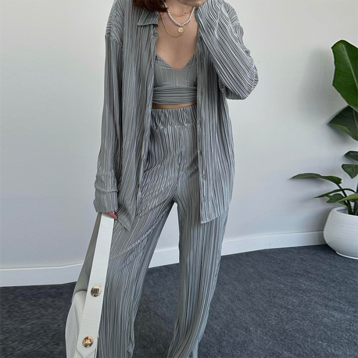 Women's New Gray Long-sleeved Shirt + Wide-leg Pants Casual Three-piece Set