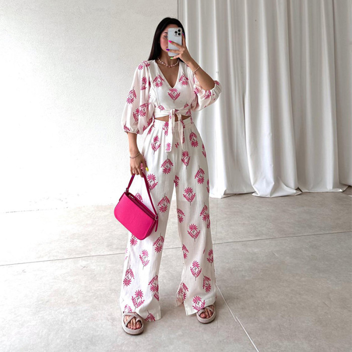 Casual V-neck Temperament Print Top + Wide-leg Pants Women's Two-piece Outfits