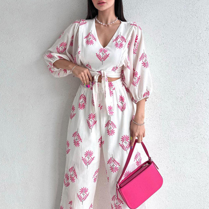 Casual V-neck Temperament Print Top + Wide-leg Pants Women's Two-piece Outfits