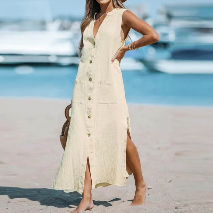 Women Casual V-neck Sleeveless Cotton Linen Beach Loose Vest Maxi Dress