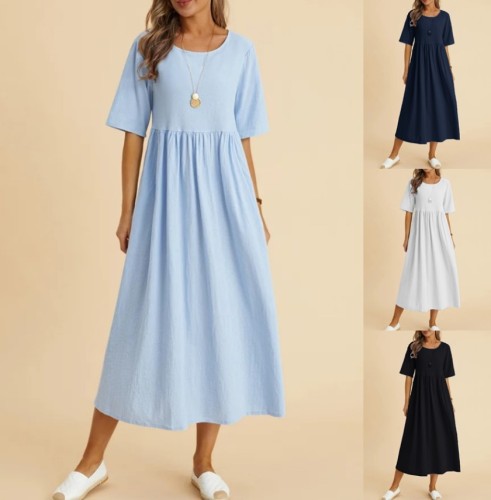 Women Casual Loose Fitting Cotton and Linen Round Neck Midi Dress