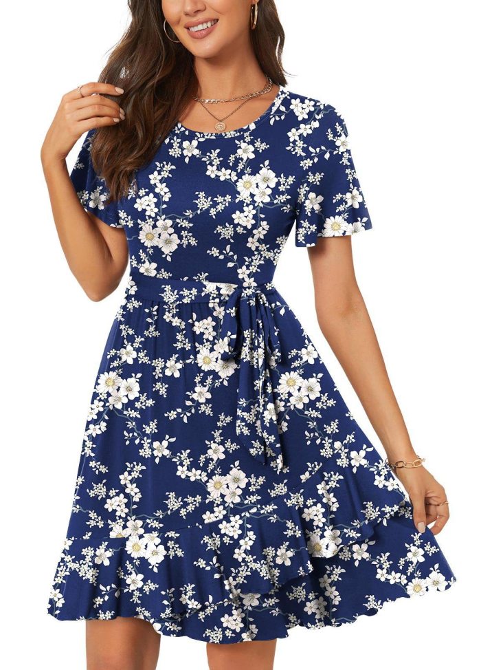 Women's Fashion Tie up Round Neck Printed Color Matching Casual Dresses