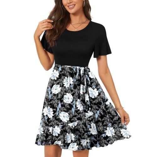 Women's Fashion Tie up Round Neck Printed Color Matching Casual Dresses