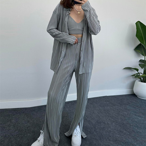 Women's New Gray Long-sleeved Shirt + Wide-leg Pants Casual Three-piece Set