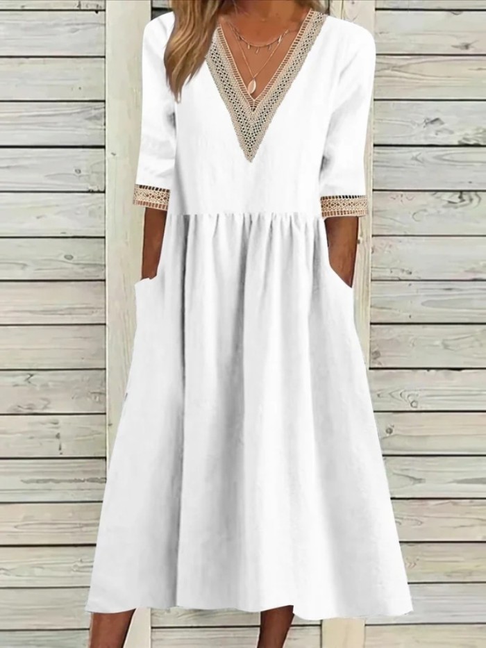 Women Elegant V-neck Fashion Half Sleeve Cotton Linen Casual Loose Midi Dress