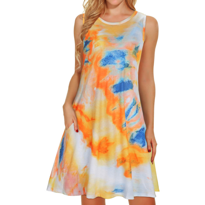 Women Beach Floral Printed Sleeveless Loose Tank Casual Dress