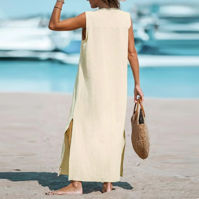 Women Casual V-neck Sleeveless Cotton Linen Beach Loose Vest Maxi Dress