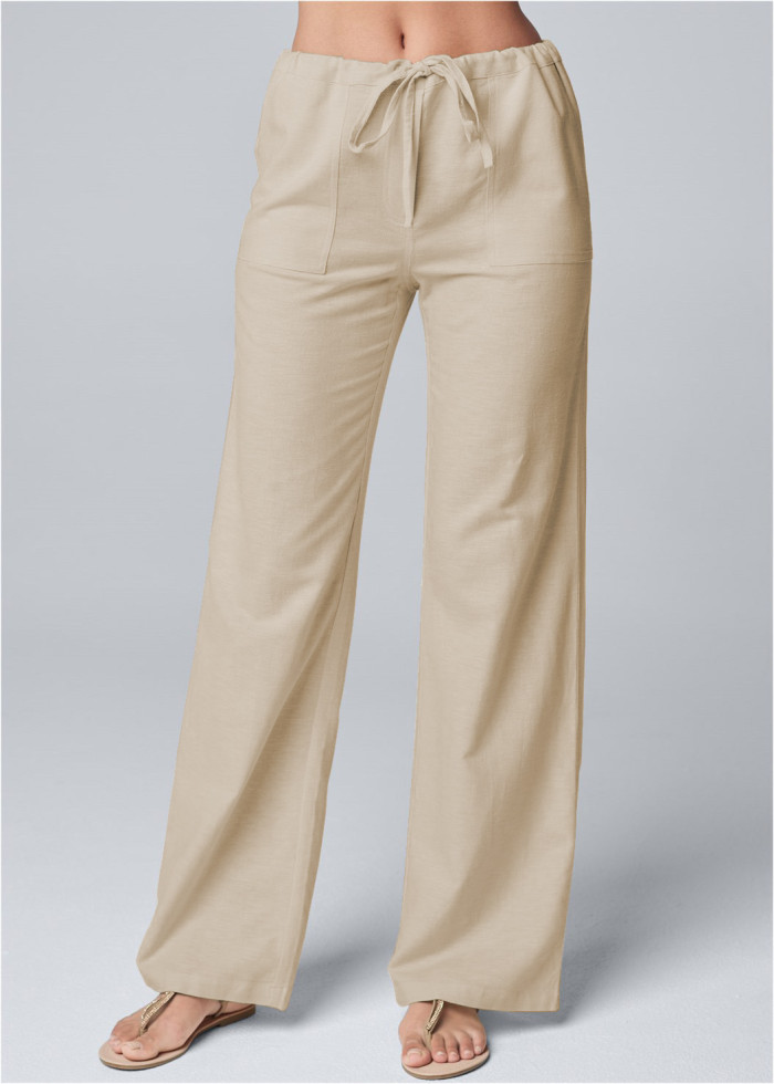 Women's New Solid Color Loose Lace-up Cotton Linen Casual Wide-leg Pants