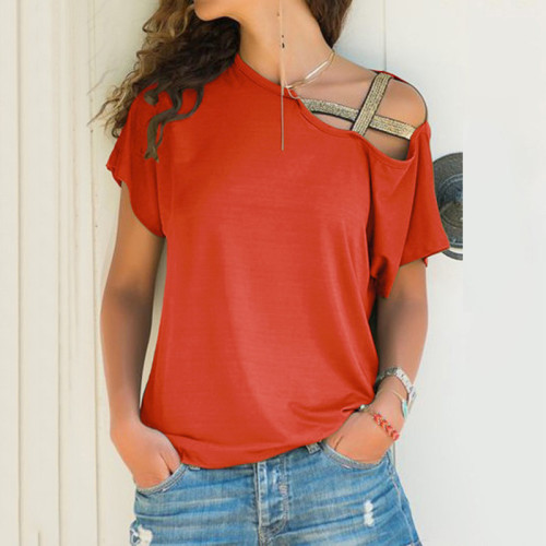 Women's Casual Slanted Shoulder Crossed Irregular Short-sleeved T-shirt