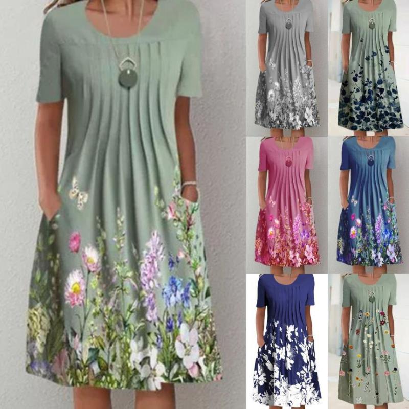 Fashion Floral Print Crewneck Casual Dress