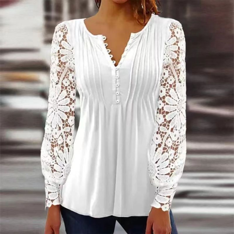 Women's Fashion New Lace Solid Color Long Sleeve Top Blouses