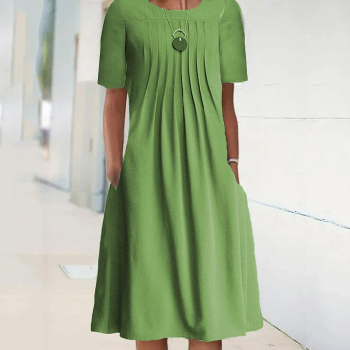 Fashion Casual Solid Color Crewneck Pullover Midi Dress