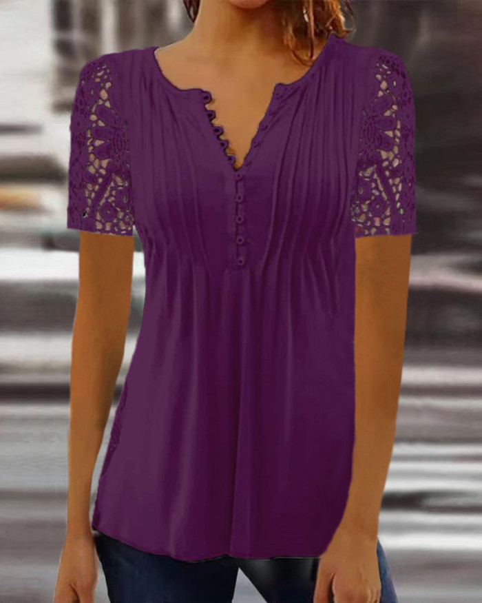 New Women's Lace Sleeves Solid Color Print Short Sleeve T-shirt