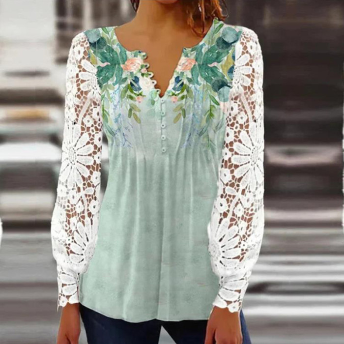 Women's Fashion New Lace Solid Color Long Sleeve Top Blouses