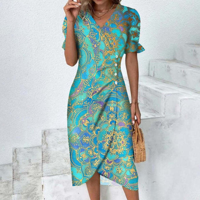 New Casual Fashion Print Irregular Hem Midi Dress