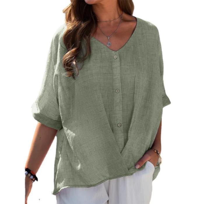 Women's Fashion Cotton Linen V-neck Pullover Short Sleeve Loose Casual Shirts
