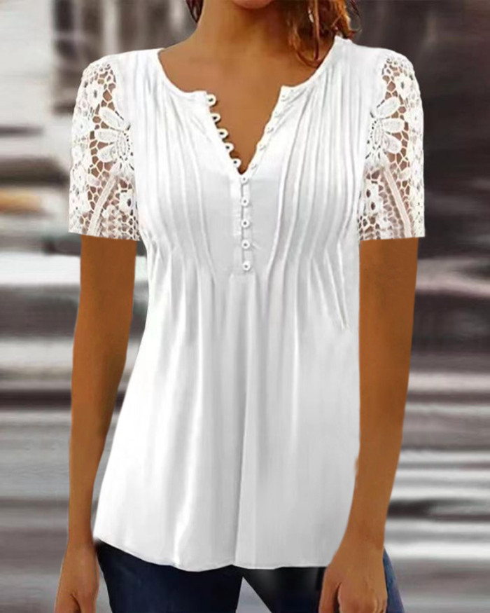 New Women's Lace Sleeves Solid Color Print Short Sleeve T-shirt