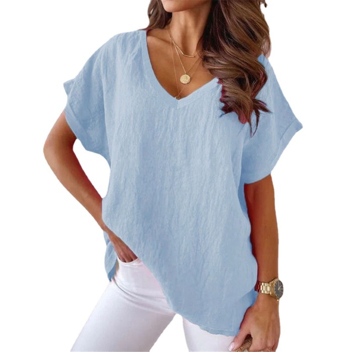 New Casual Women's Bat Sleeve V-neck Solid Cotton Linen T-shirt