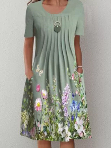 Fashion Floral Print Crewneck Casual Dress