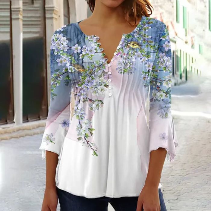 New Women's Fashion Floral Print V-neck Short Sleeves Blouses