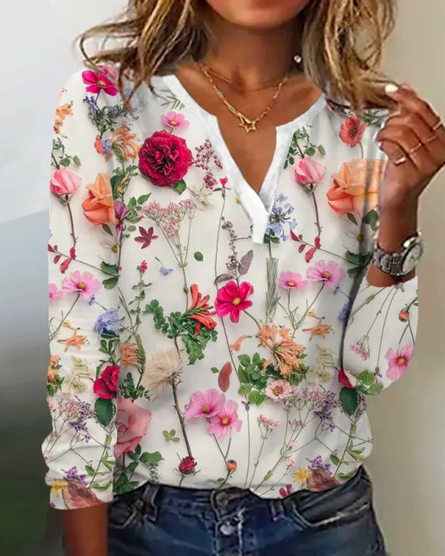 Women's Fashion Floral Print V-neck Long Sleeved Blouse