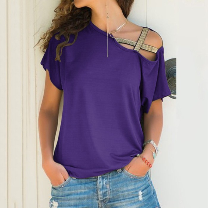 Women's Casual Slanted Shoulder Crossed Irregular Short-sleeved T-shirt