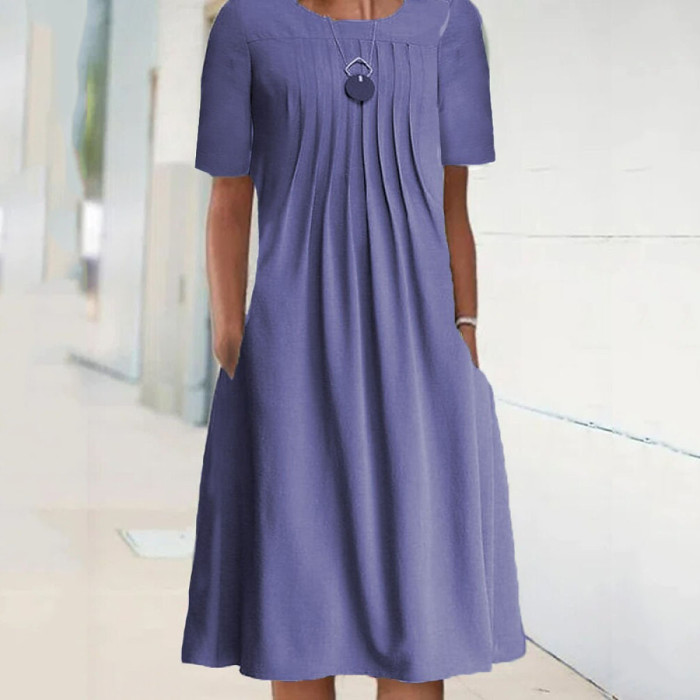 Fashion Casual Solid Color Crewneck Pullover Midi Dress