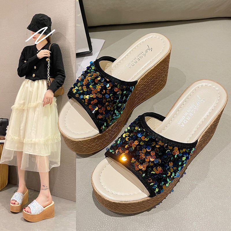 Women's New Fashion Sequined Thick Soled Wedge Oversized Slippers