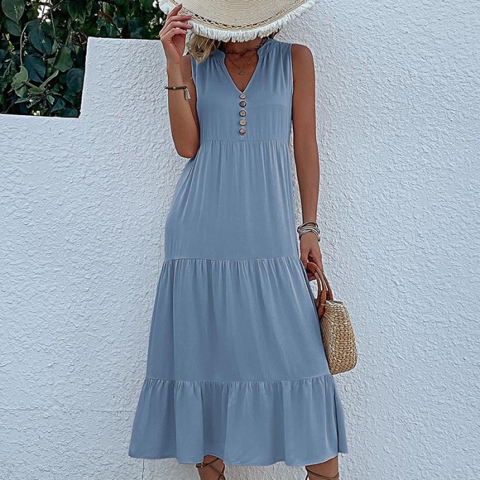 Women's Summer New Solid Color Tank Top Swing Maxi Dress