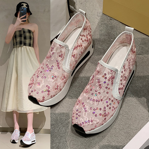 Women's Lace Sequin Mesh Casual Platform Loafers