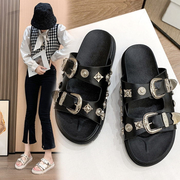Women's New Stylish Metal Buckle Rivet Thick Soled Casual Slippers