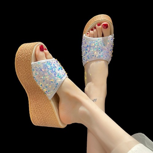 Women's New Fashion Sequined Thick Soled Wedge Oversized Slippers