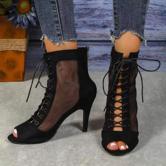 Women's Fashion Sexy Lace-up Mesh Breathable High Heeled Boots