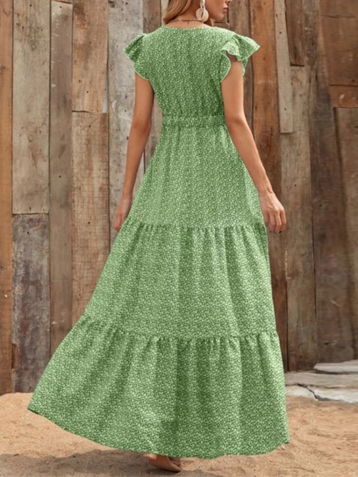 Women V-neck High Waist Printing Vintage Maxi Dress