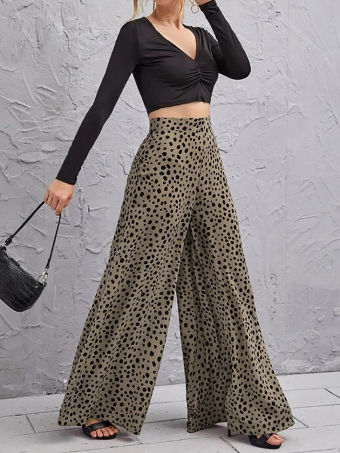 Women Leopard Print Elegant High Waist Wide-leg Pants