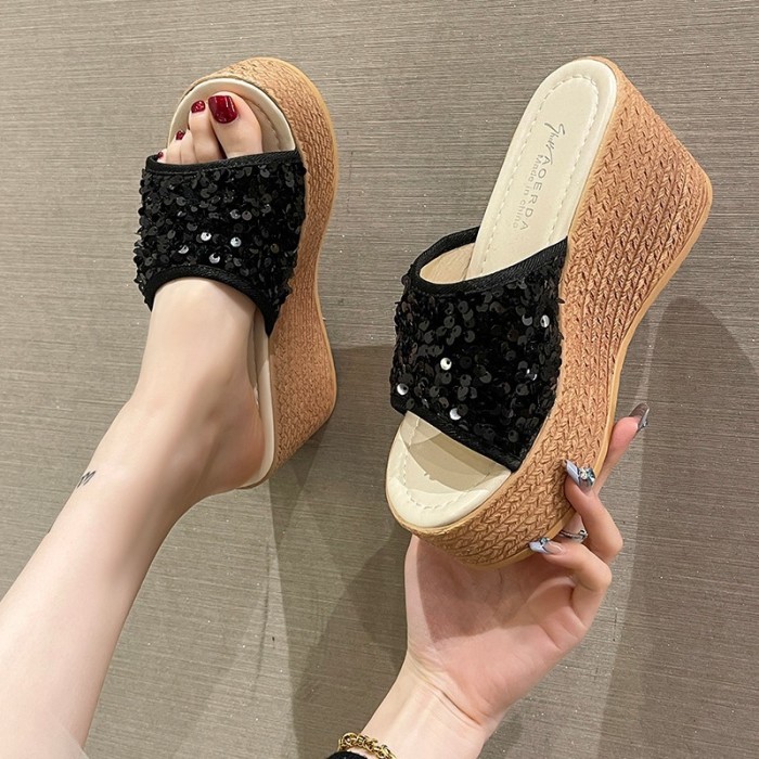 Women's New Fashion Sequined Thick Soled Wedge Oversized Slippers