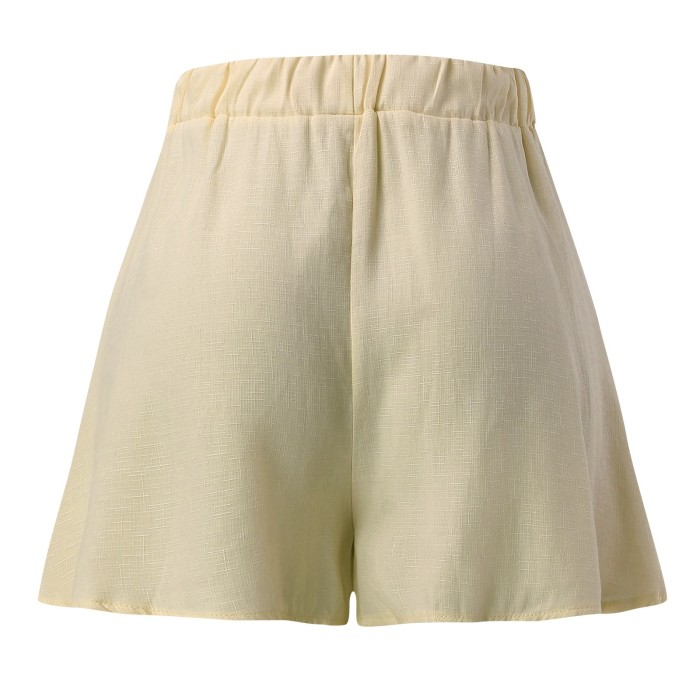 Women Elastic High Waist Casual Wide Leg Cotton Line Shorts