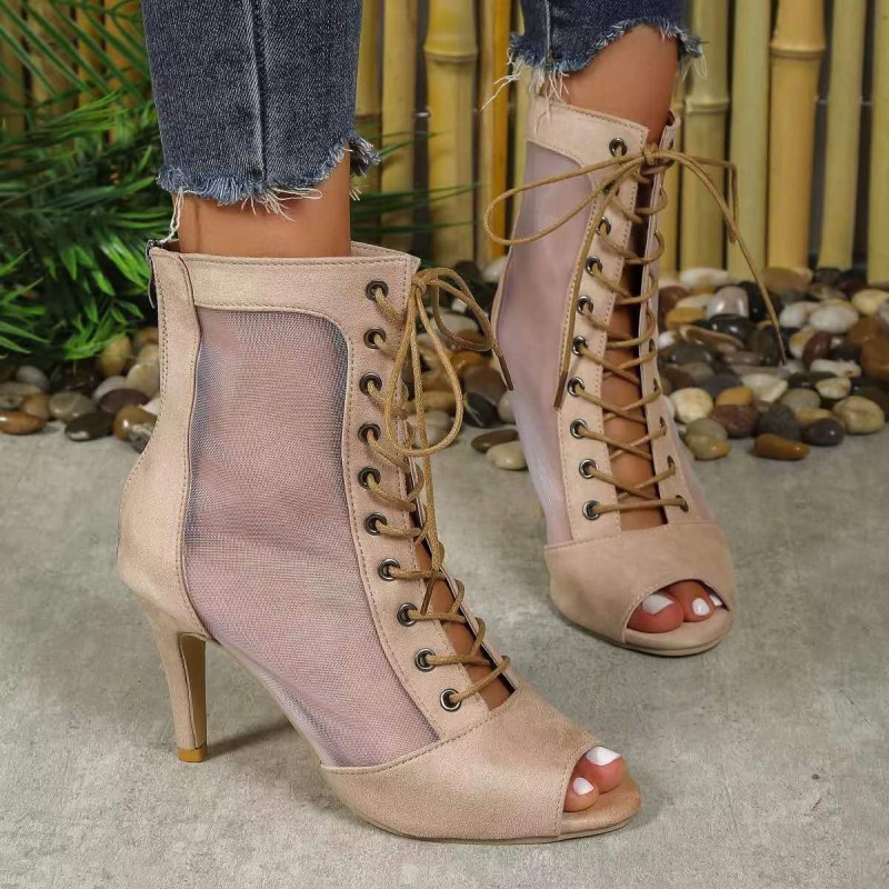 Women's Fashion Sexy Lace-up Mesh Breathable High Heeled Boots
