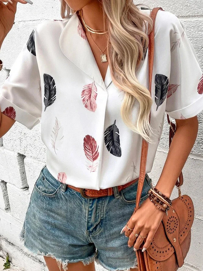 New Women's Lapel Feather Print Short-sleeved Shirt