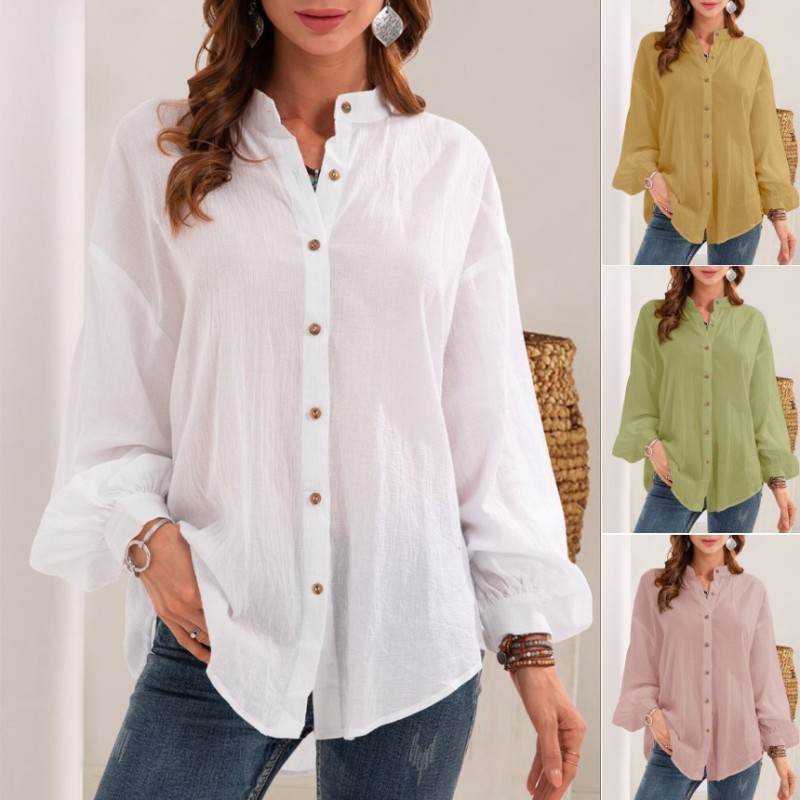 Women's New Solid Color Long Sleeve Cotton Linen Casual Shirt