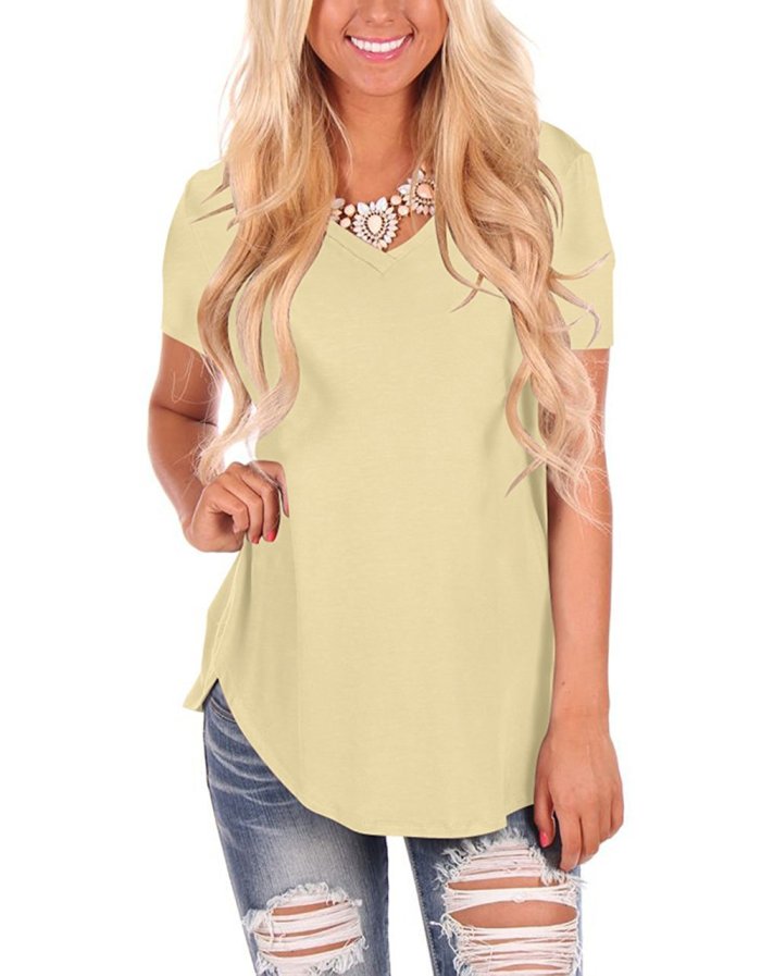 Women's Casual Fashion V-neck Solid Color Large Size Loose Short Sleeve T-shirt