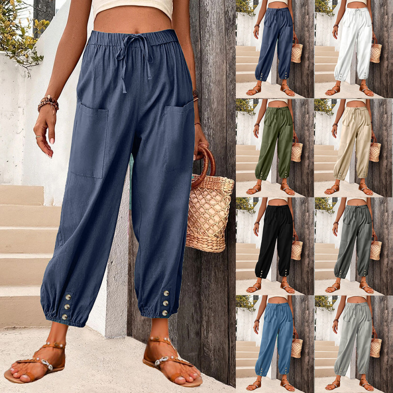 Women's New Loose High-waisted Cotton And Linen Cropped Wide-leg Pants