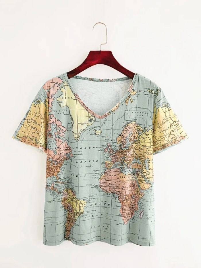 Women's Map Print V-neck Short Sleeve T-shirt