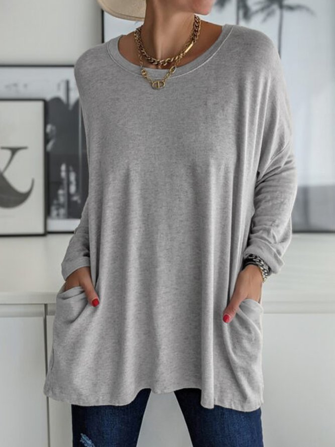 Women's New Long Sleeves Loose Solid Color Crewneck Casual Blouses