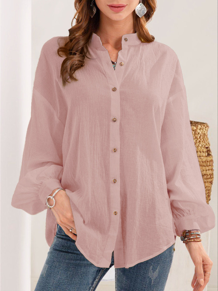 Women's New Solid Color Long Sleeve Cotton Linen Casual Shirt