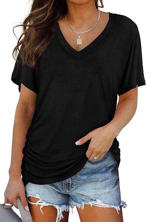 Women's V-neck Solid Color Short Sleeve T-shirt