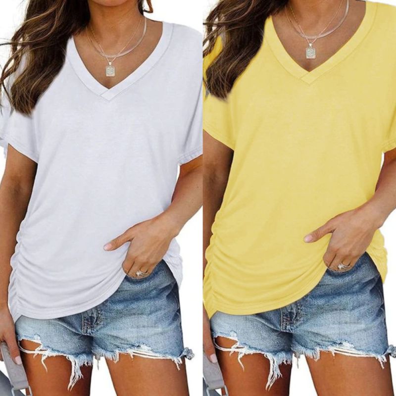 Women's V-neck Solid Color Short Sleeve T-shirt