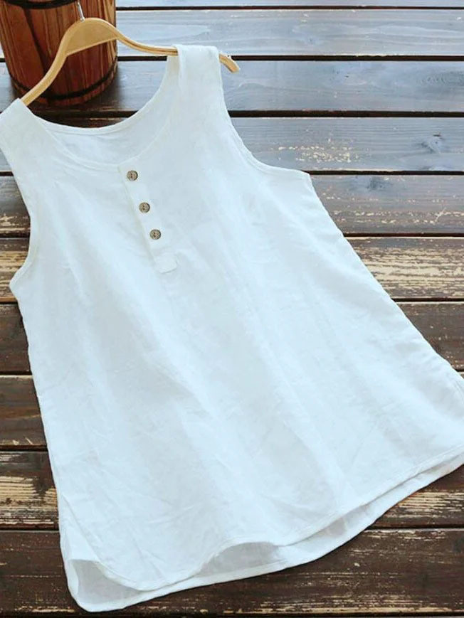 Women's New Solid Color Crewneck Cotton And Linen Vest