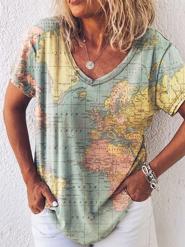Women's Map Print V-neck Short Sleeve T-shirt